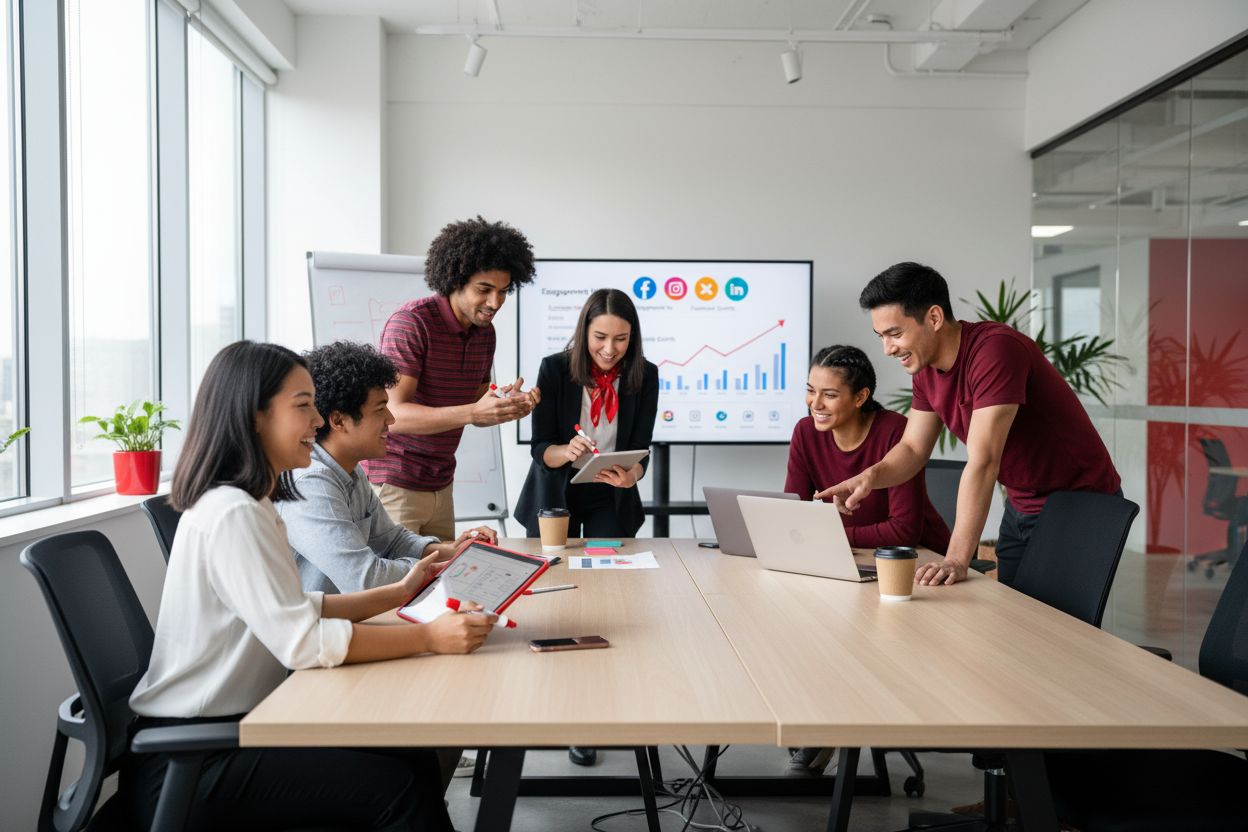 social media marketing teamwork, digital strategy, office collaboration