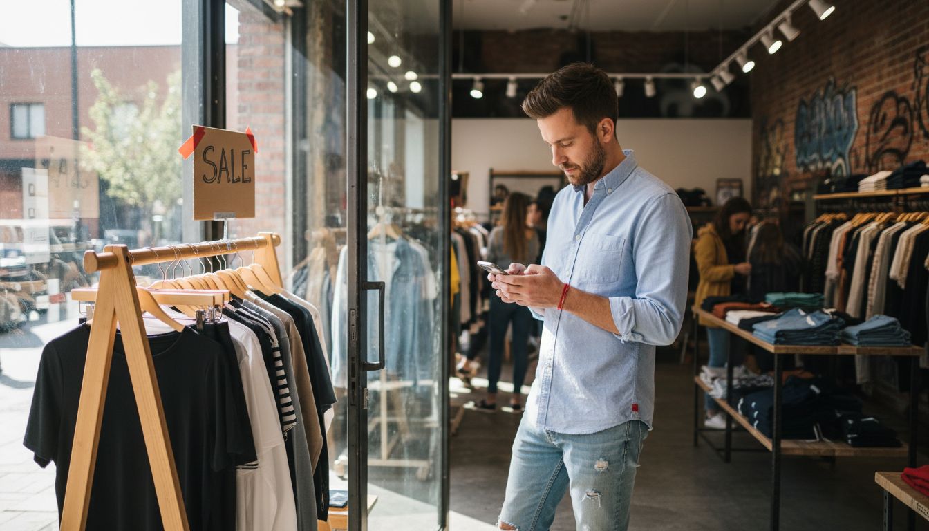 Retail manager checks store analytics on phone