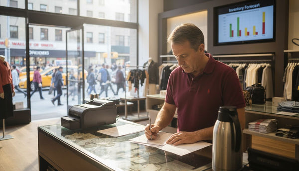 Store manager reviews inventory plan at counter