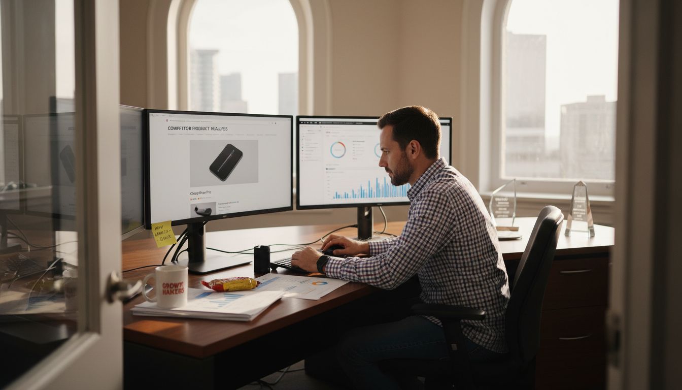 Ecommerce manager monitoring digital shelves at desk