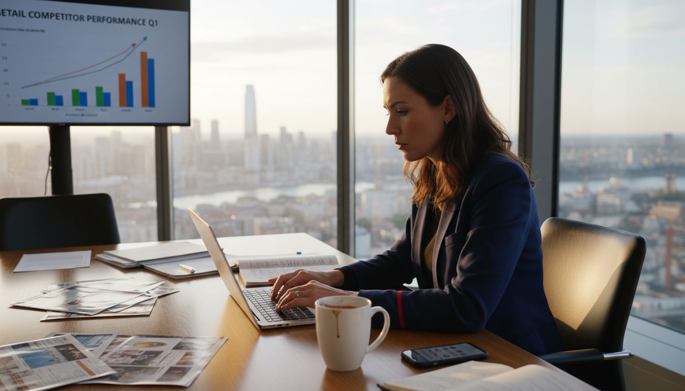 Retail analyst reviewing competitor data in office