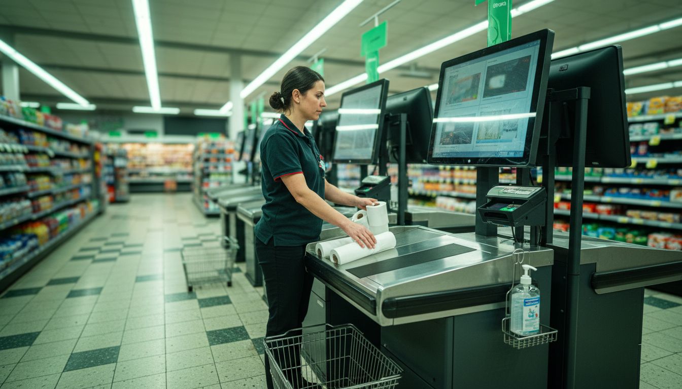 Grocery store self-checkout with employee monitoring