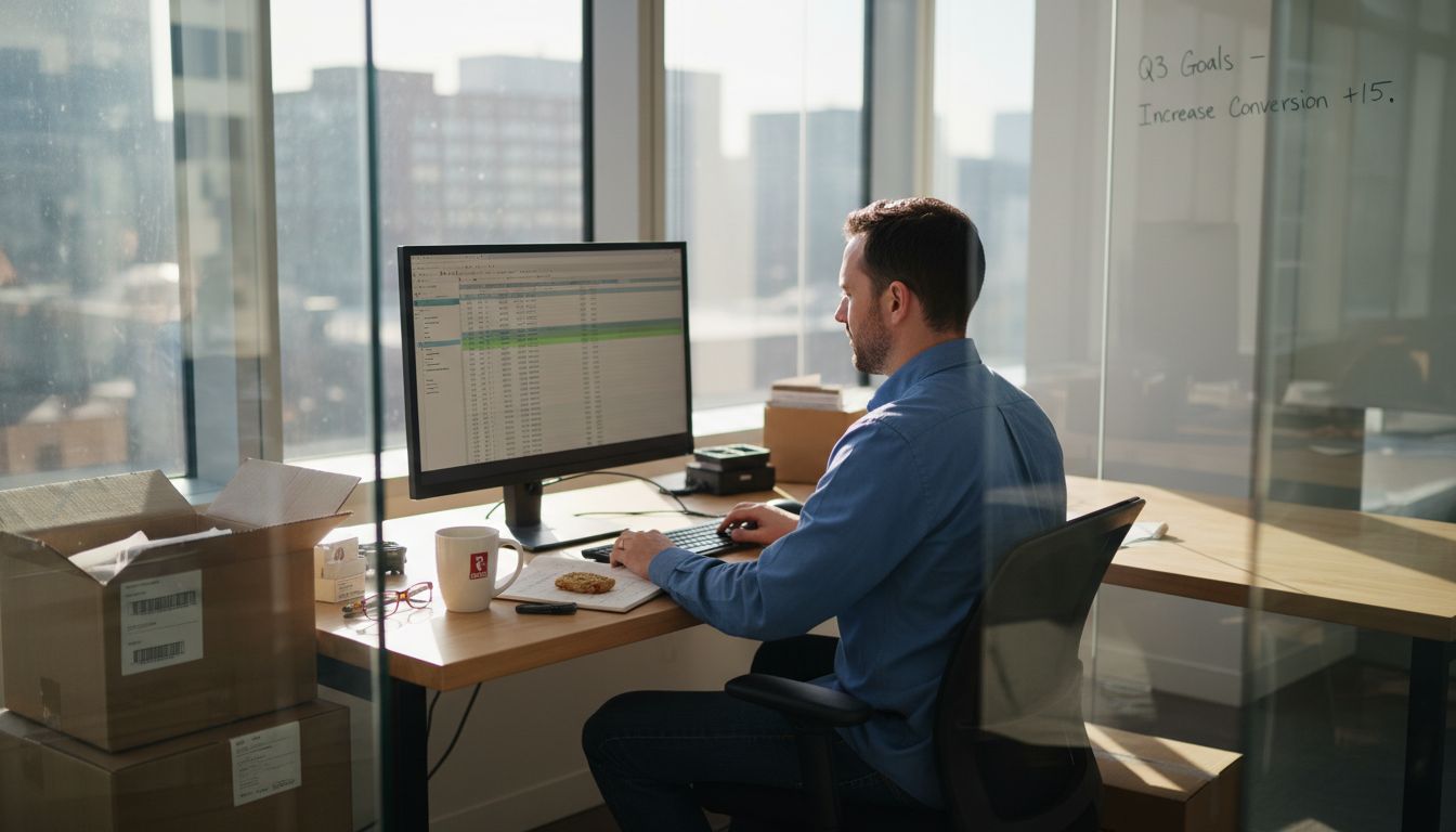 Ecommerce manager at desk reviewing sales data