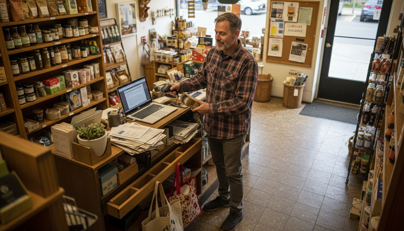 Store owner using laptop at crowded checkout