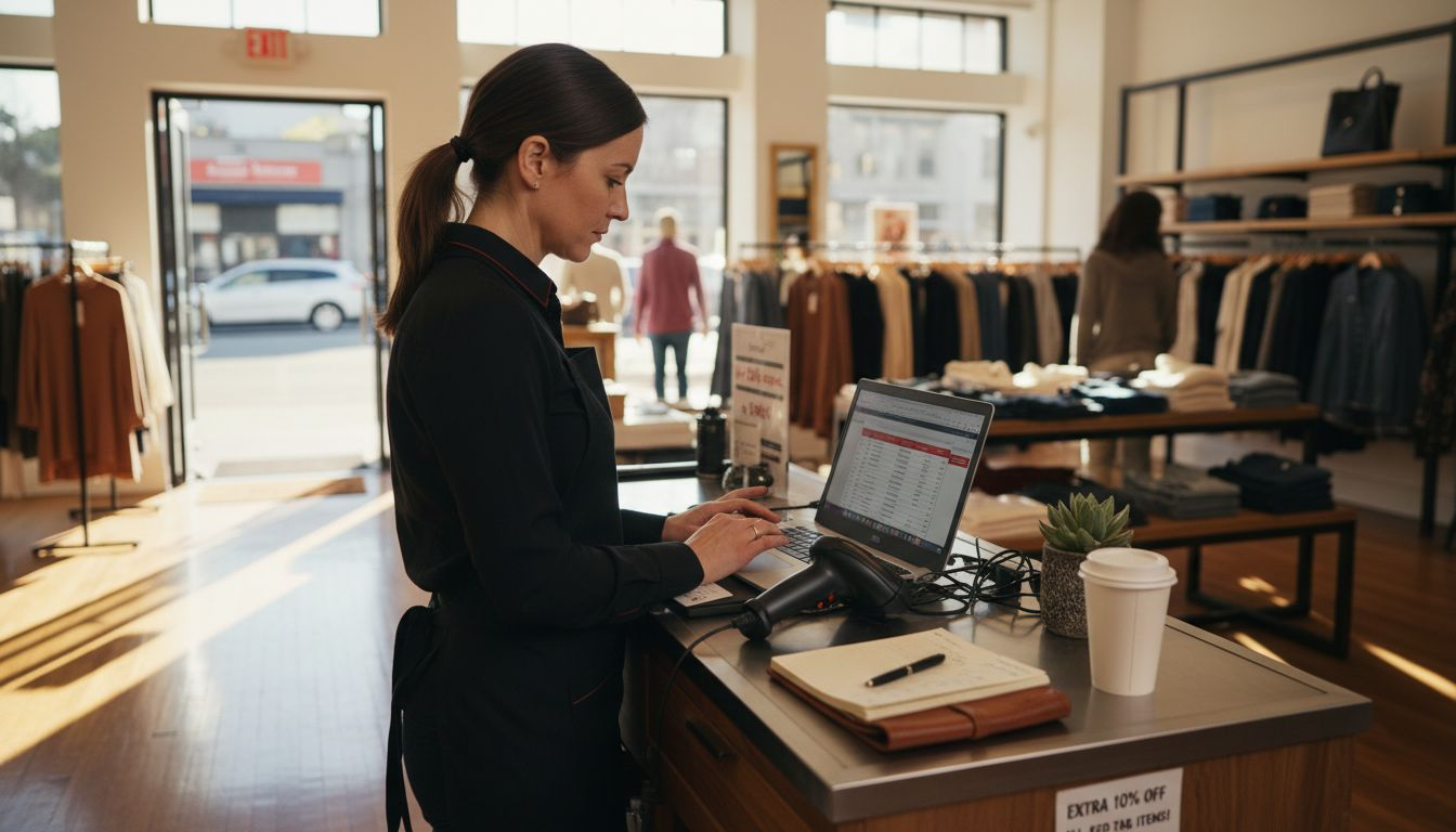 Retail manager multitasking in clothing store