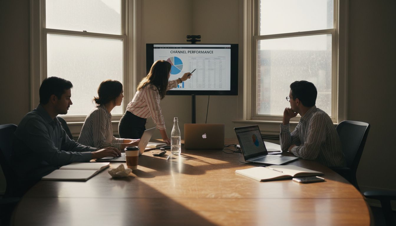 Corporate marketing team meeting in office