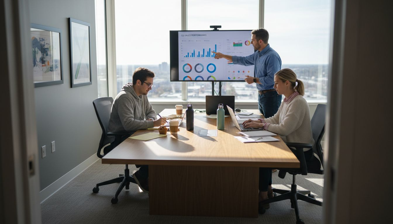 Team reviewing data in marketplace office