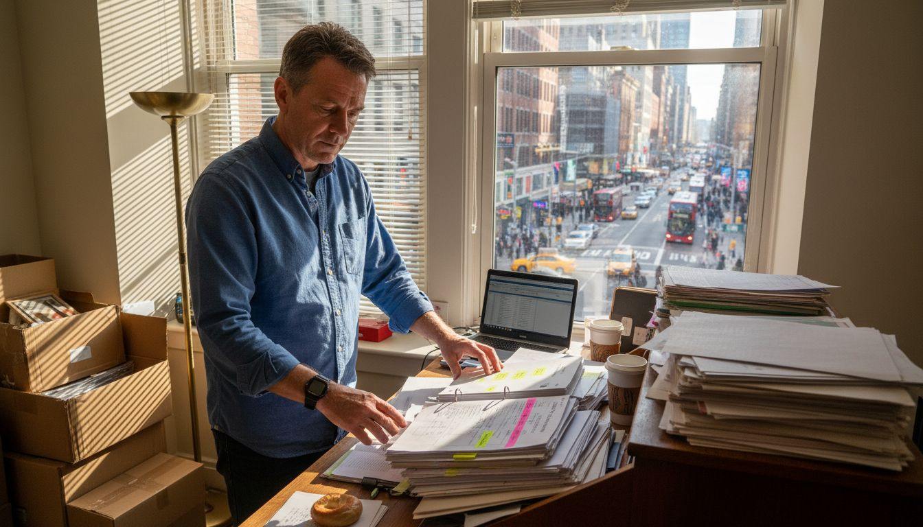 Retail manager reviewing business audit documents