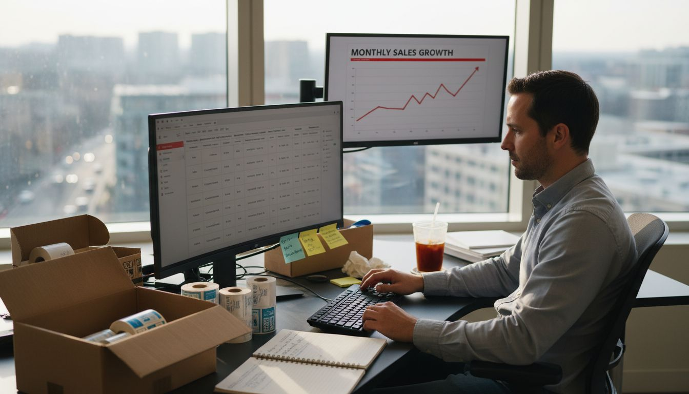 Ecommerce manager checking sales data at desk