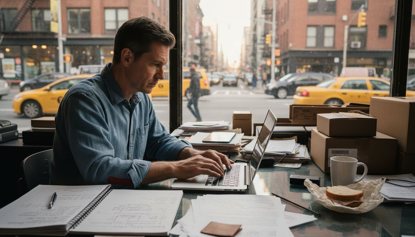 Small business owner working at storefront desk