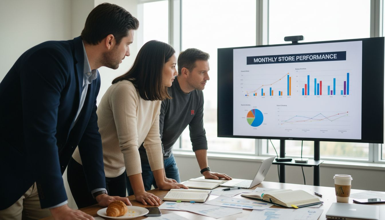 Retail managers reviewing data dashboards in office