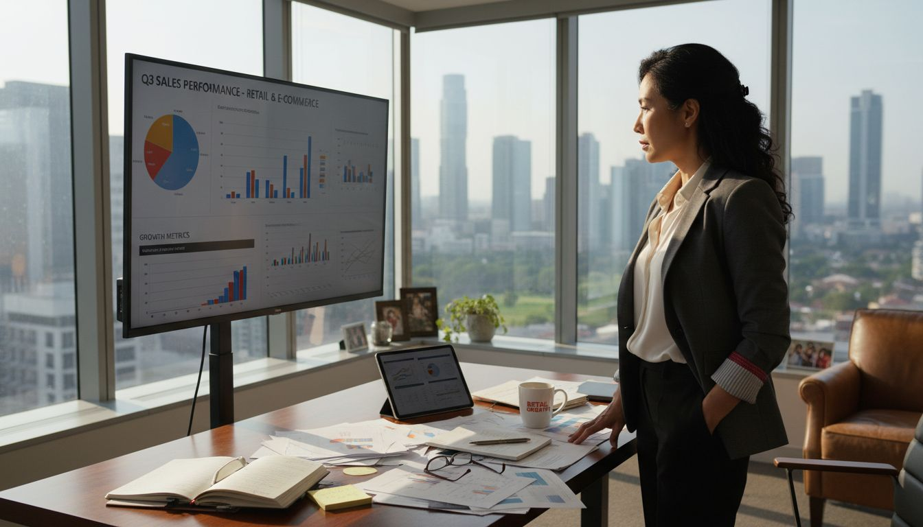 Manager reviews charts in sunlit office