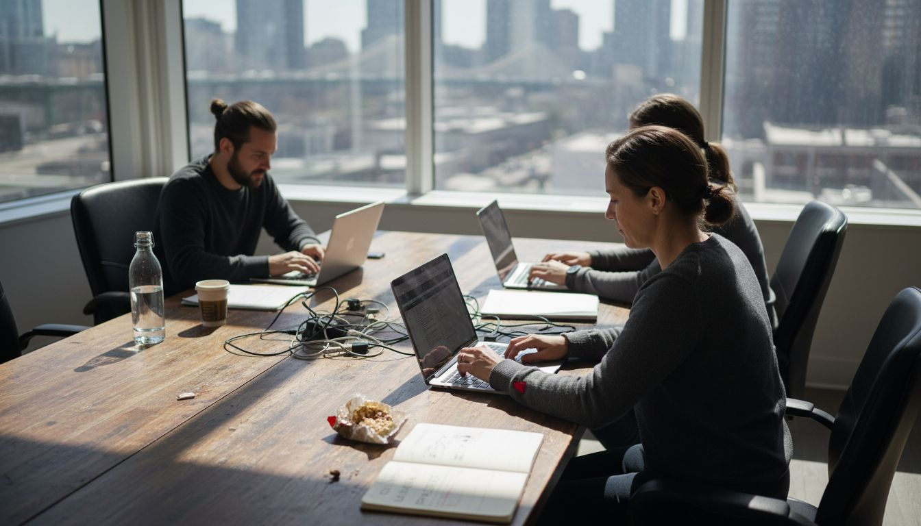 Team reviewing sales spreadsheet in bright office