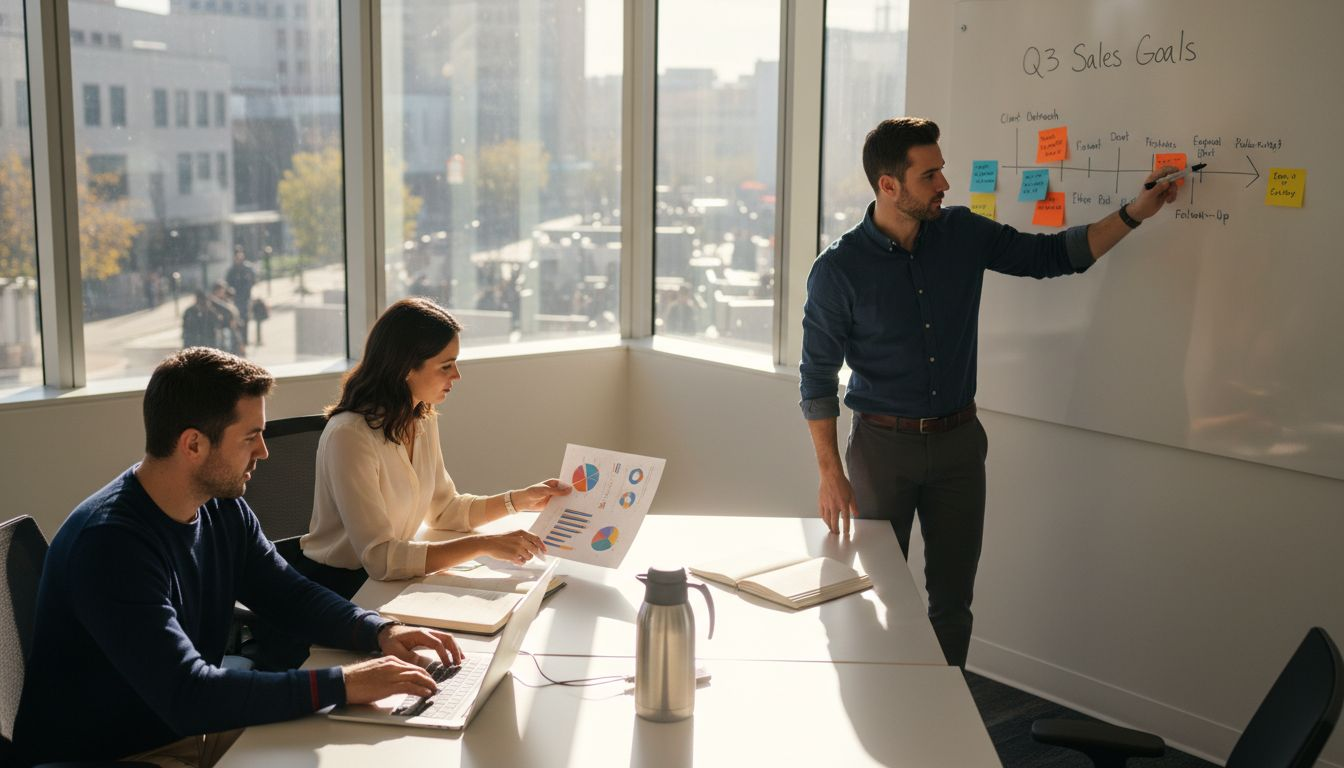 E-commerce sales team at meeting with data dashboard