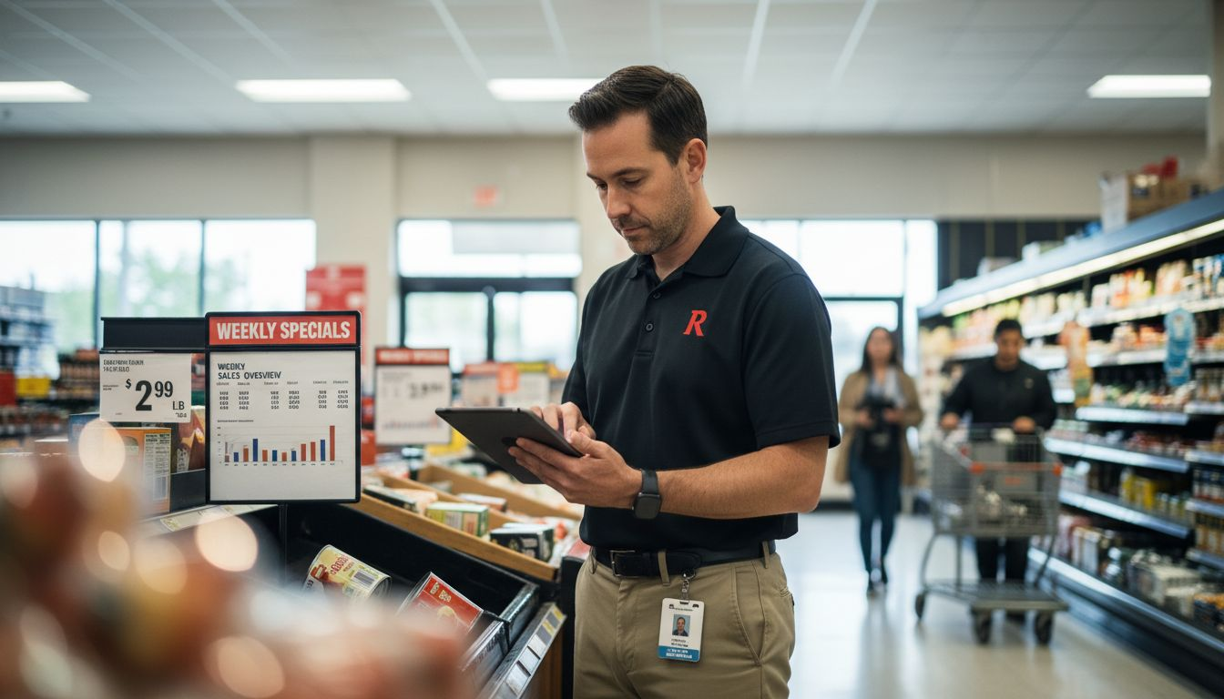 Retail manager reviewing sales dashboard in store aisle