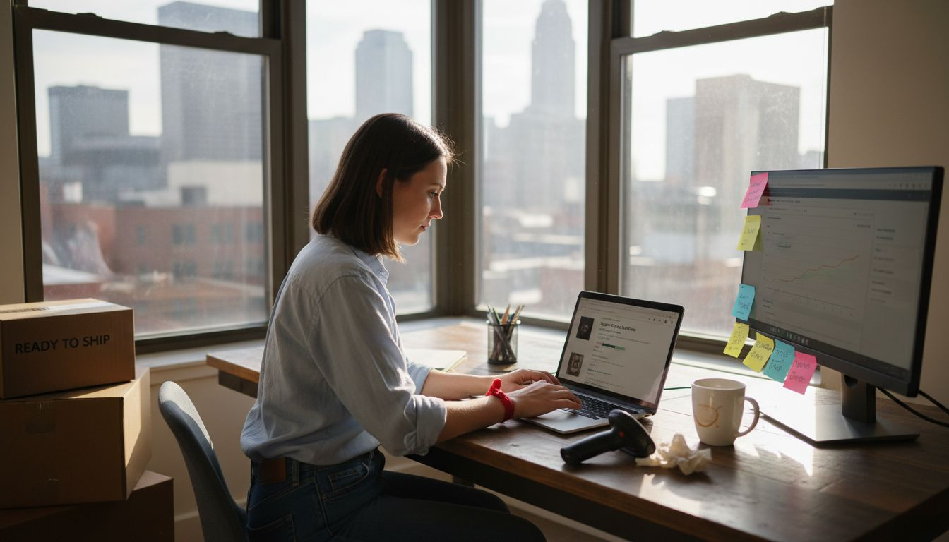 Entrepreneur managing Amazon sales at office desk