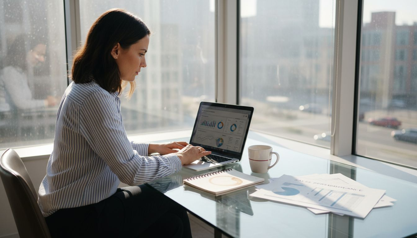 Retail manager at laptop with BI dashboard