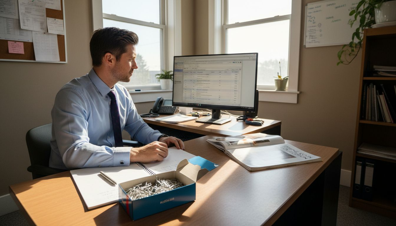 Retail manager updating product catalog at desk