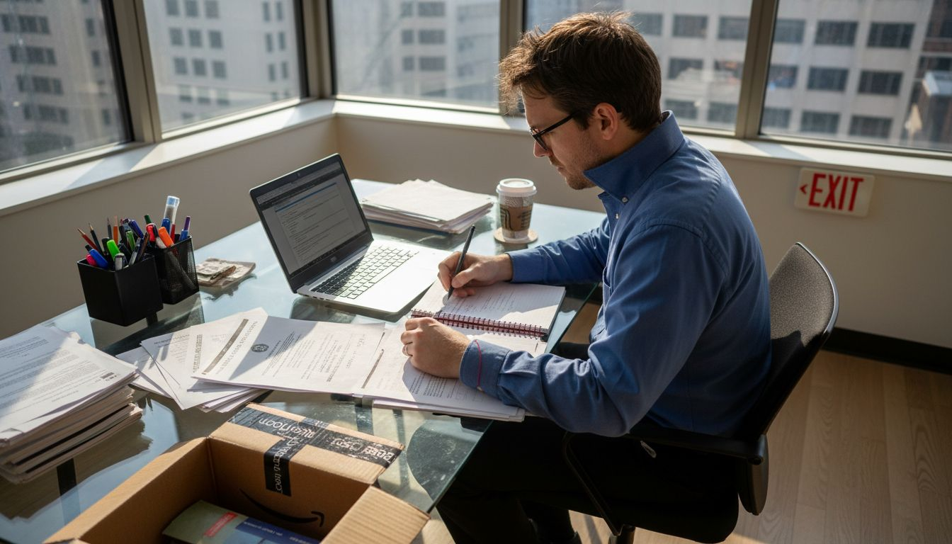 Amazon seller reviewing trademark documents in office