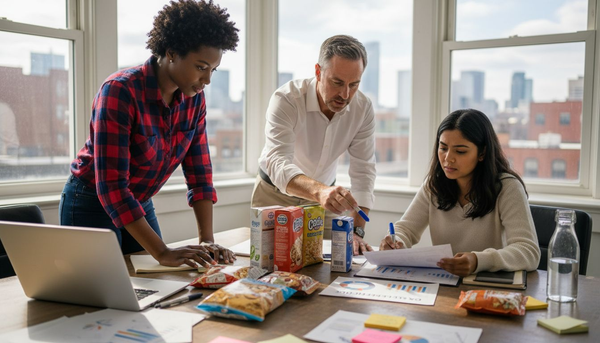 Brand team meeting with product packaging