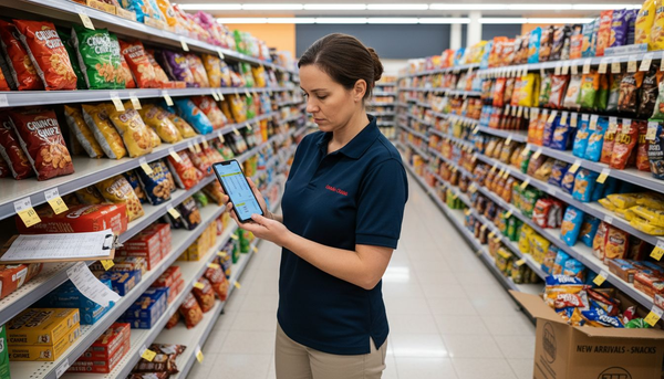 Store manager checking phone in snack aisle