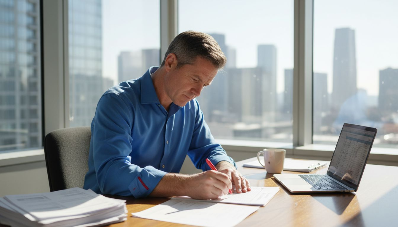 Small business owner reviewing marketing checklist