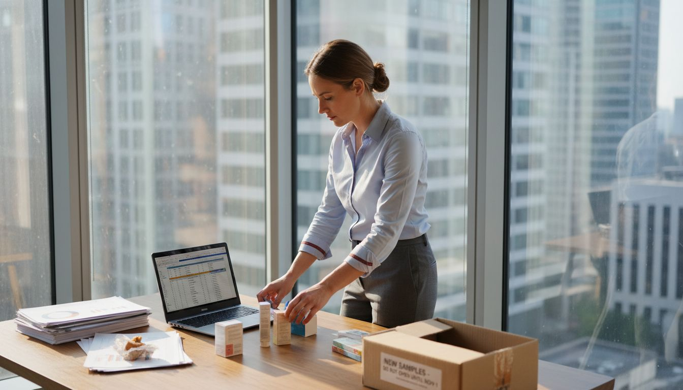 Brand manager reviews CPG multichannel sales in office