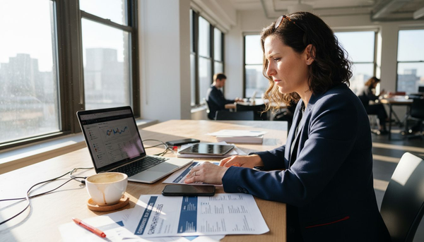 CPG marketing manager reviewing digital campaign reports