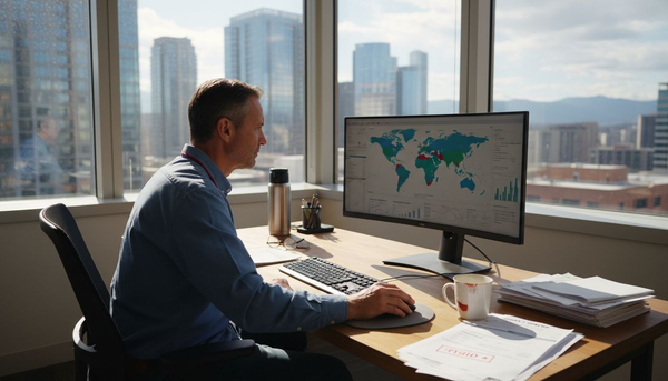 Manager reviews global retail sales map