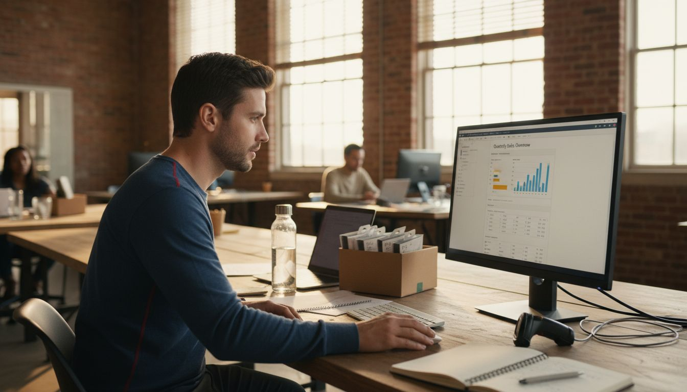 Ecommerce manager checking sales analytics at messy desk