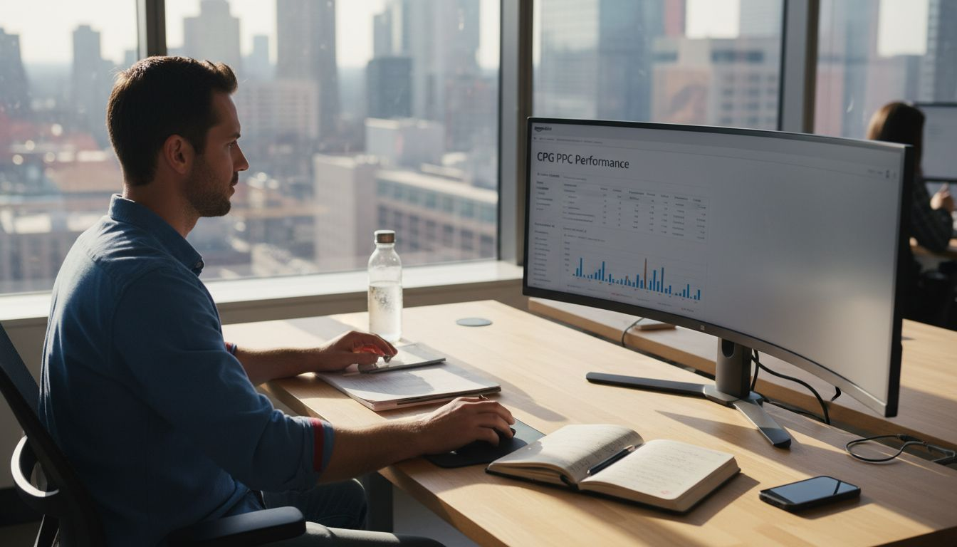 PPC manager at desk reviewing ecommerce reports