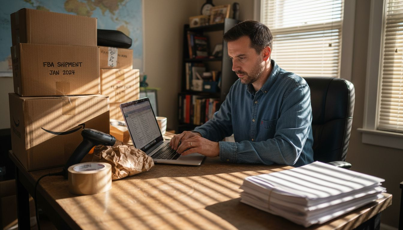 Amazon seller working in home office with shipments