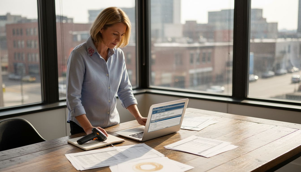 Retail manager reviewing inventory dashboard in office