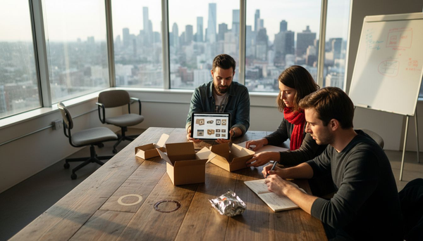 Startup founders meeting with product packaging mockups