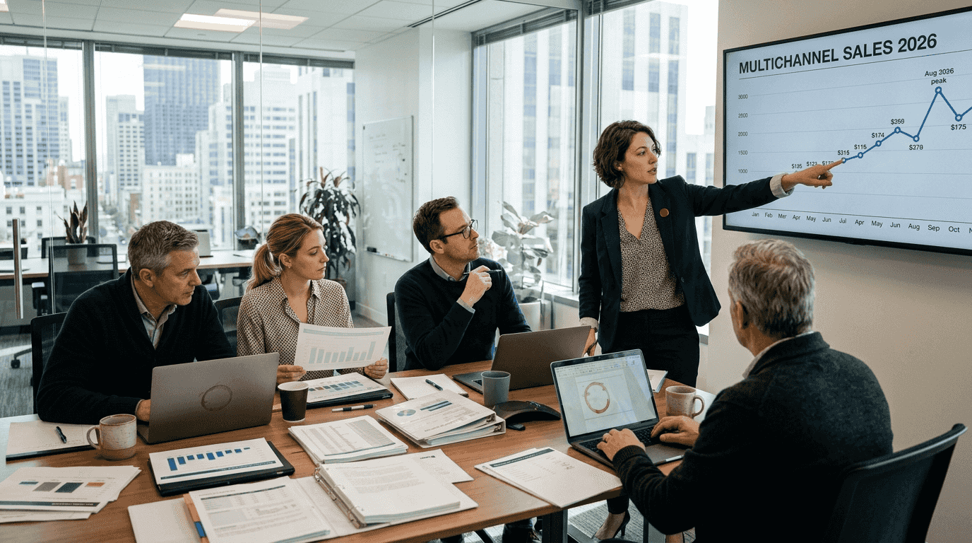 Retail managers review KPI dashboards in a conference room