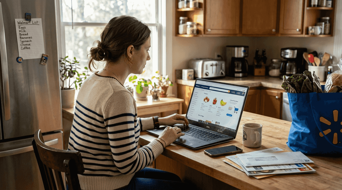 Woman shopping on Walmart Marketplace at kitchen