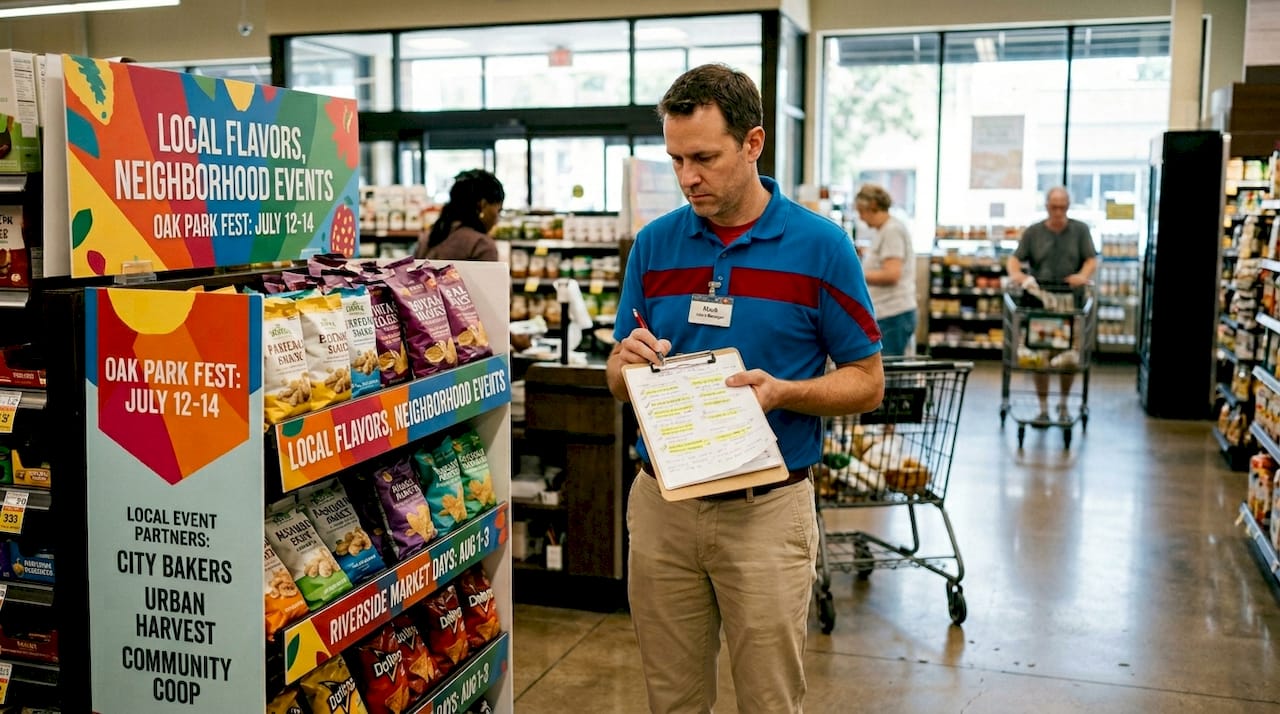 Store manager checks CPG retail display