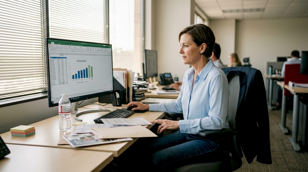 Marketing director reviewing ROI data at desk