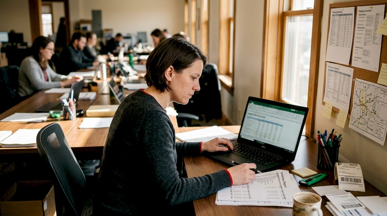 Manager reviews supply chain reports at desk
