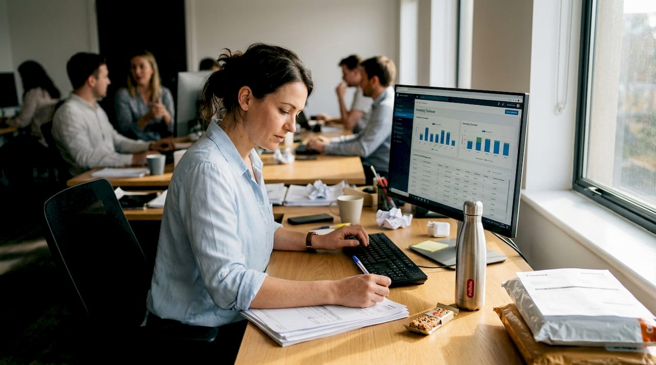 Manager reviewing supply chain dashboard at desk