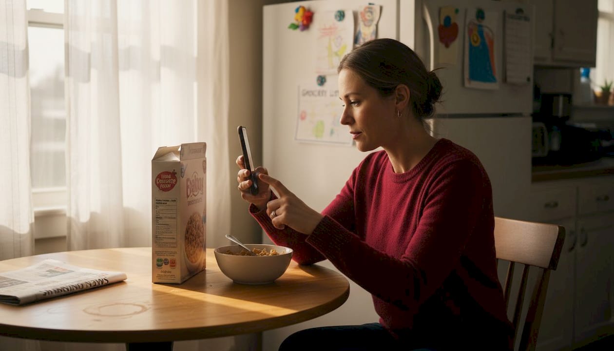 Woman sharing product review at kitchen table