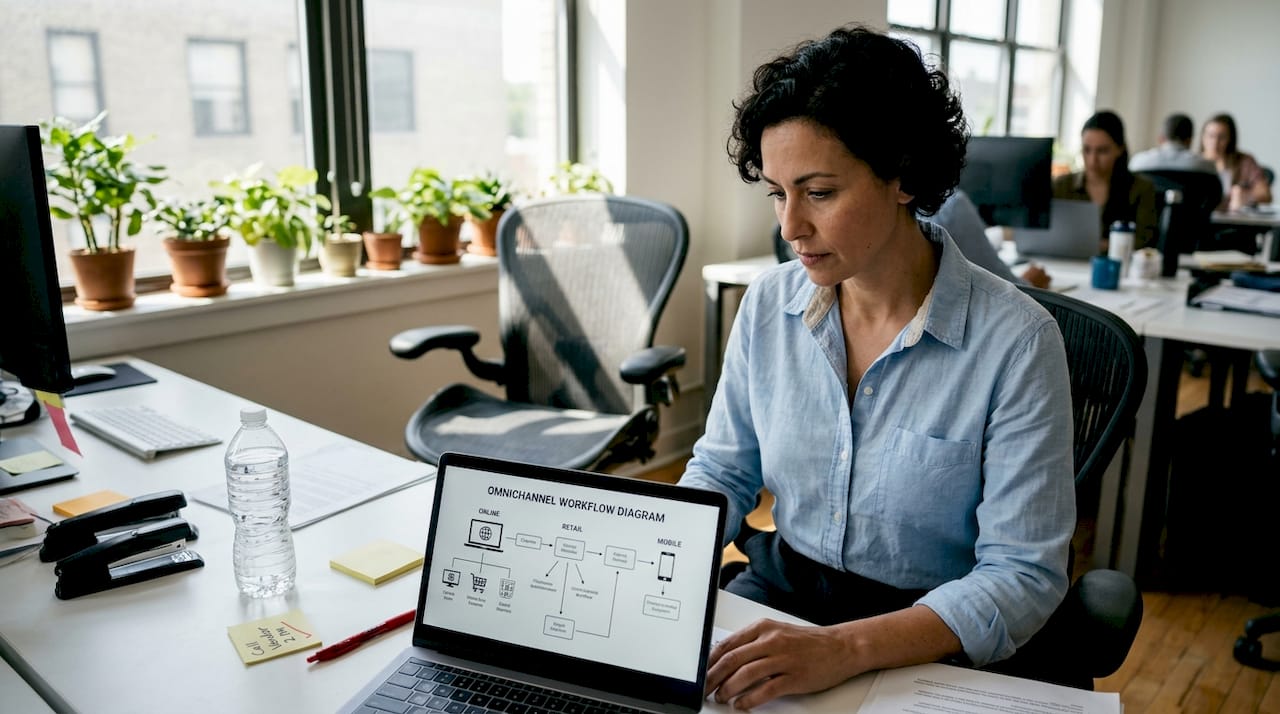 Manager reviewing omnichannel workflow diagram