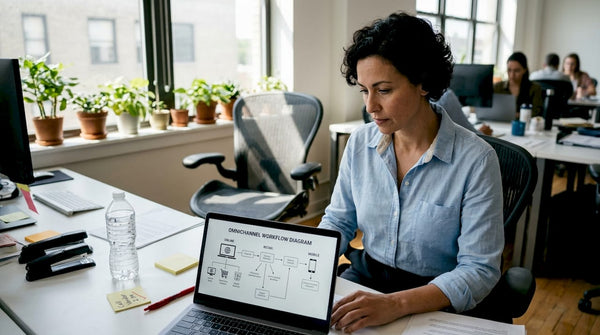 Manager reviewing omnichannel workflow diagram
