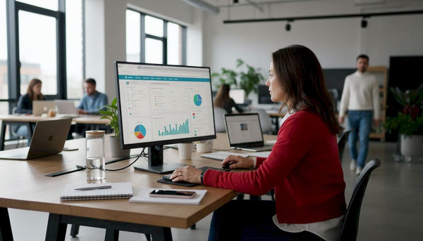 Marketer reviews retargeting results at office desk