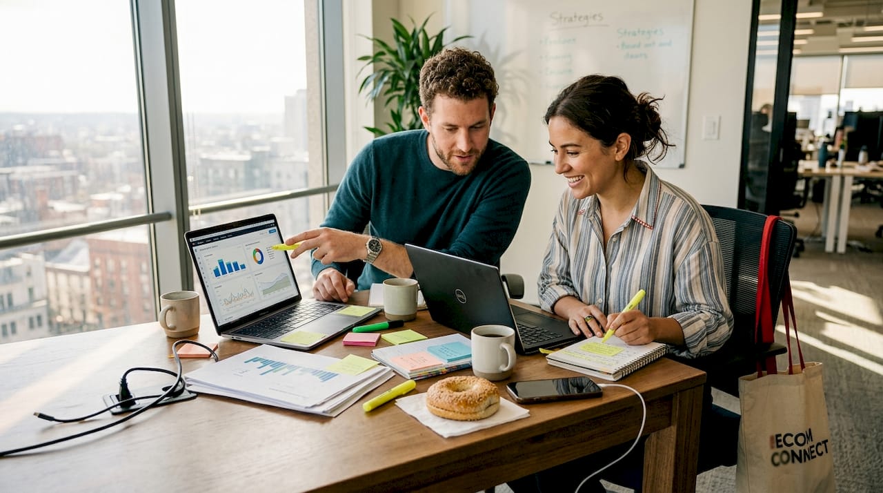 Team reviews ecommerce marketing dashboards in corner office