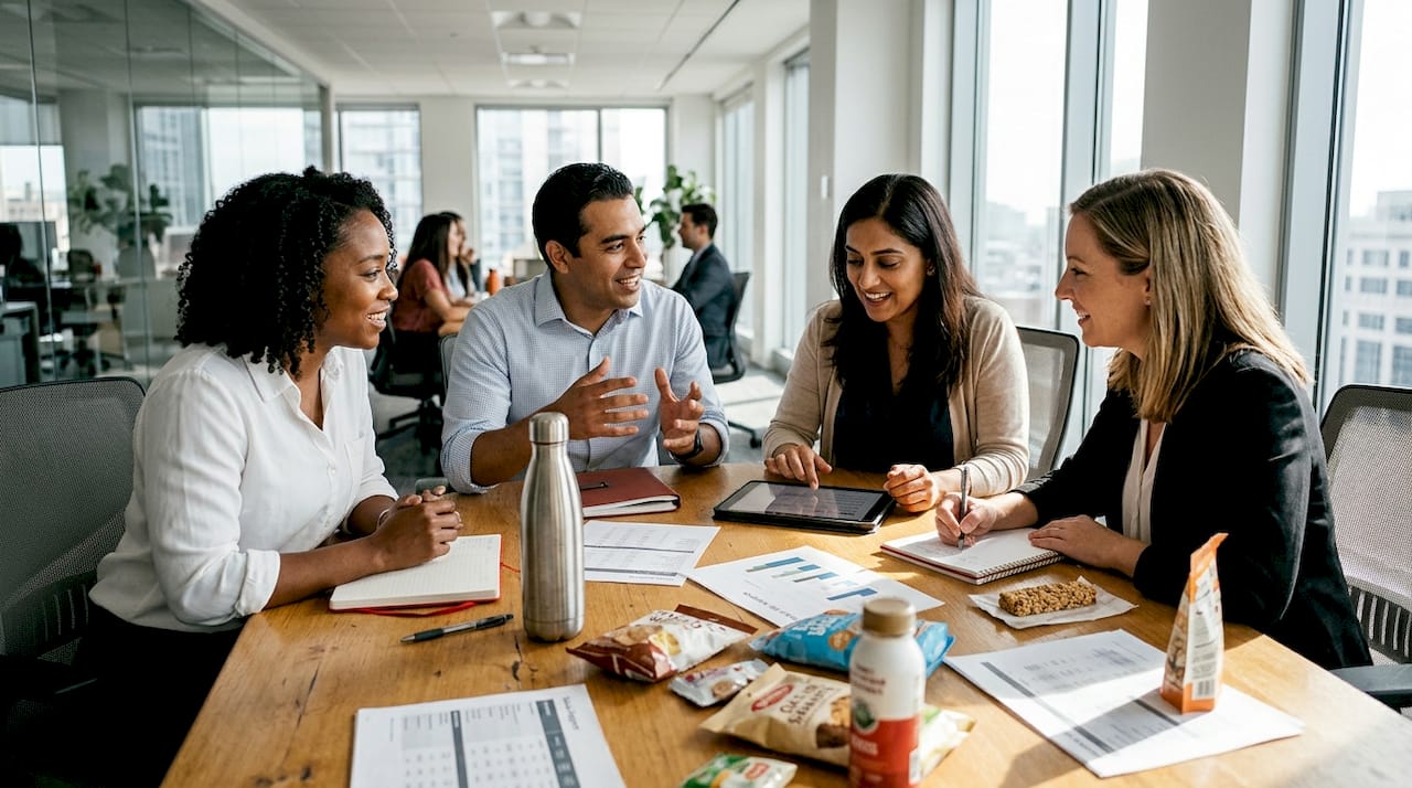 Team discussing business strategy in bright office