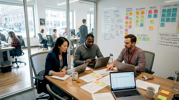 Team reviewing customer feedback in meeting