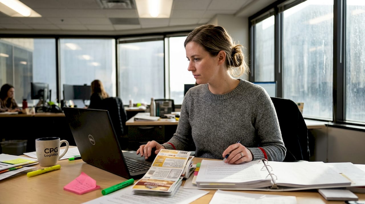 Compliance manager checks product labels in busy office