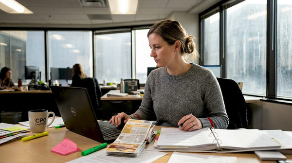 Compliance manager checks product labels in busy office