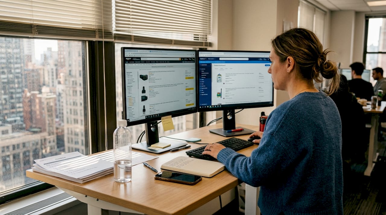 CPG manager reviewing multichannel product listings